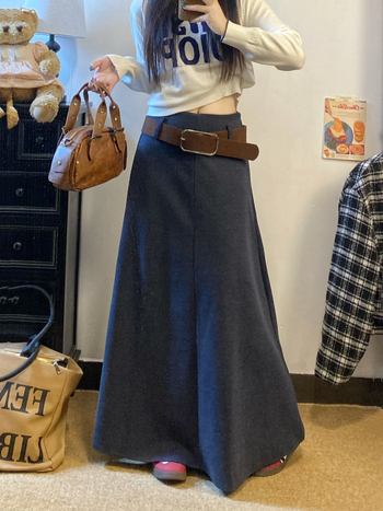 Vunena duga A-linijska suknja, visoki struk, drapirani kroj, jesen-zimski stil, stil kraljevske sestre