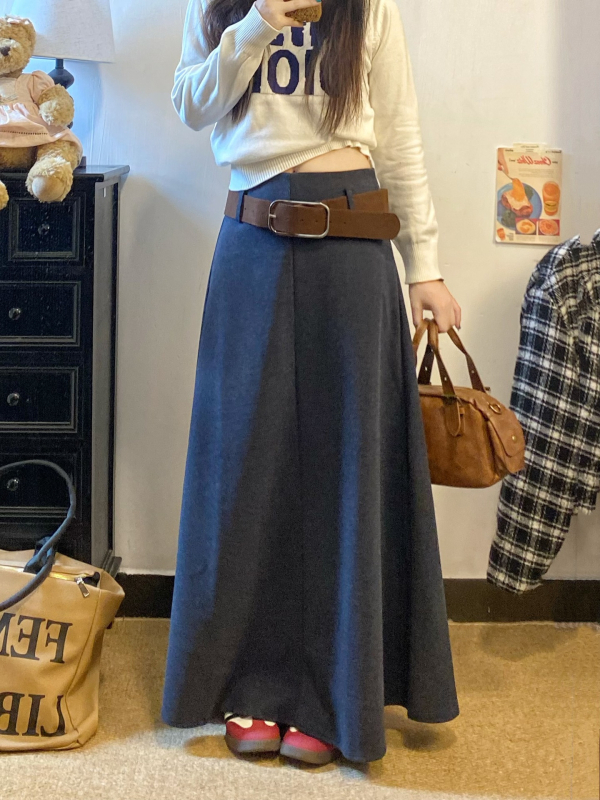 Vunena duga A-linijska suknja, visoki struk, drapirani kroj, jesen-zimski stil, stil kraljevske sestre