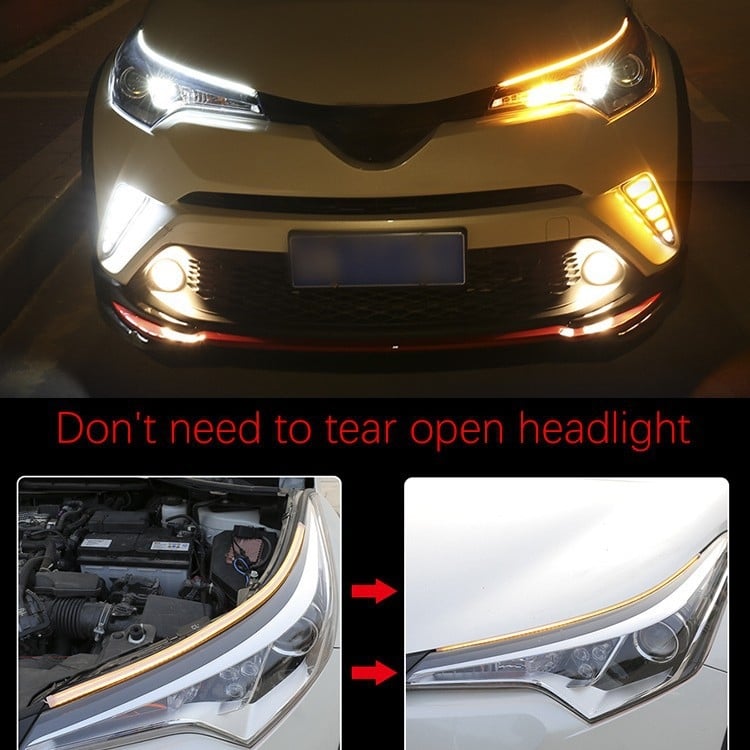 Automobilska LED ultra-tanka dnevna svjetlosna traka s dvostrukim učinkom tekuće vode i svjetlom za skretanje, silikon vodič svjetla; 10W, 12V, LED 2835, vijek 50 000 h