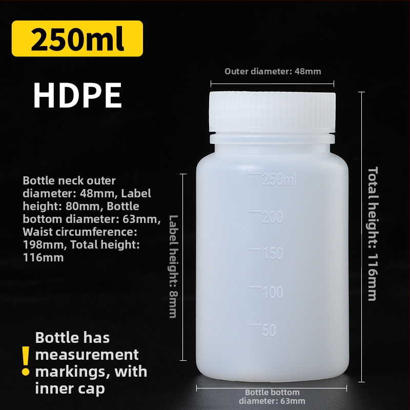 Sticlă din plastic PE cu gură largă, capac intern și capac exterior, pentru ambalare de mostre