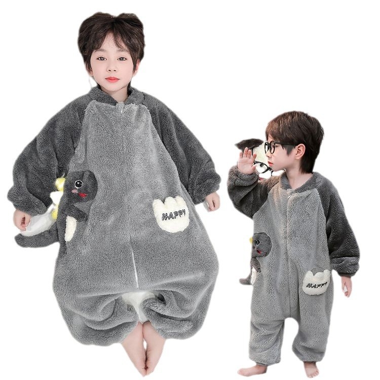 Gyerekeknek készült coral fleece overál-pizsama, dupla rétegű melegen tartás, dinoszaurusz mintával, 3–8 éveseknek, téli szezon