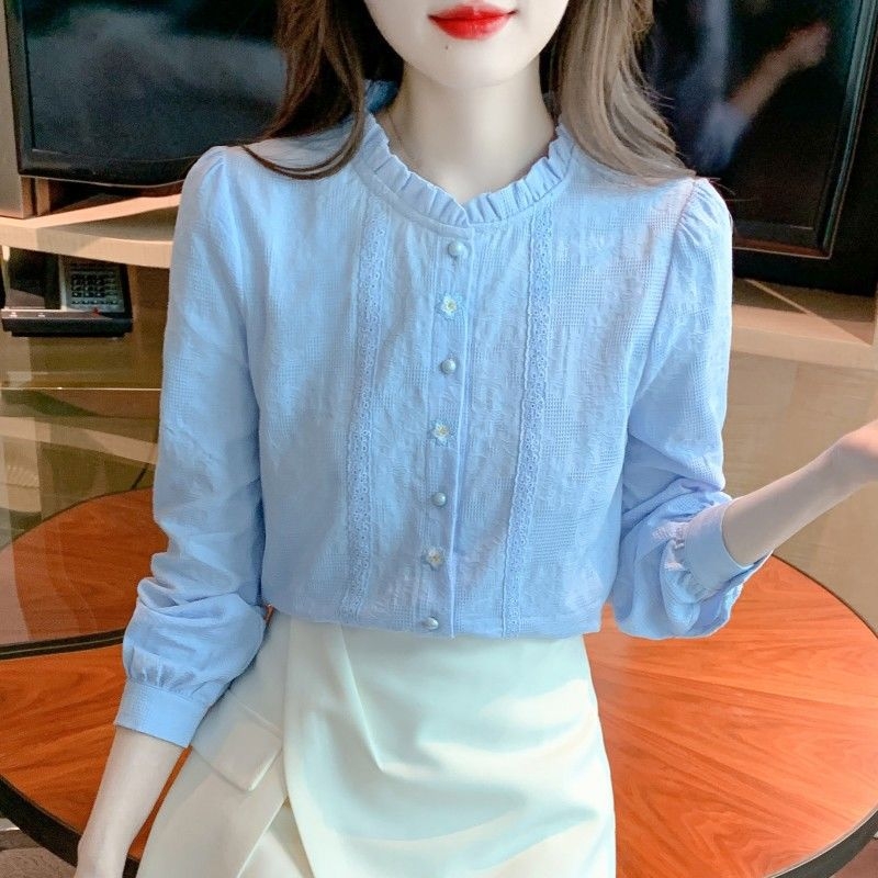 Košulja od čistog pamuka sa stojećim ovratnikom i dugim rukavima, jacquard izvezena i fleece podstava