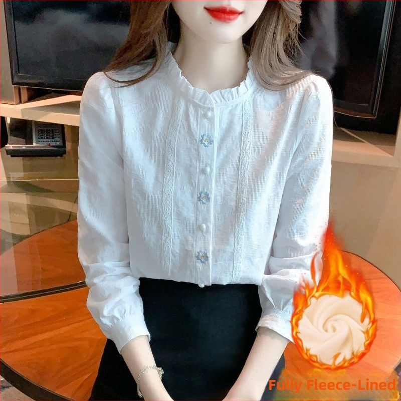 Košulja od čistog pamuka sa stojećim ovratnikom i dugim rukavima, jacquard izvezena i fleece podstava