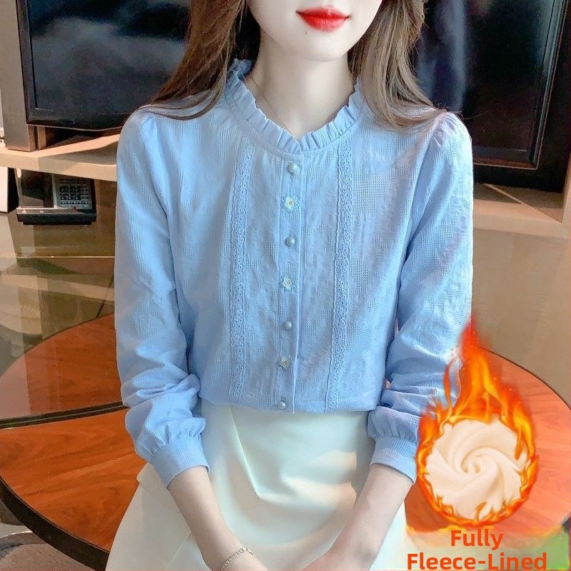 Košulja od čistog pamuka sa stojećim ovratnikom i dugim rukavima, jacquard izvezena i fleece podstava