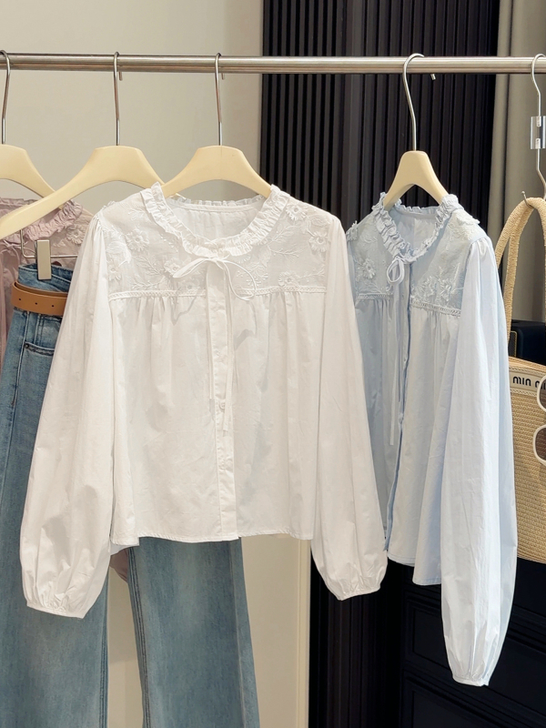 Bluza u kardigan stilu, casual, kružni ovratnik, dugi rukavi, pamučna tkanina, vezenje s patchworkom