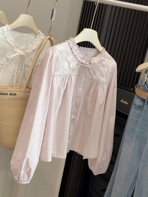 Bluza u kardigan stilu, casual, kružni ovratnik, dugi rukavi, pamučna tkanina, vezenje s patchworkom