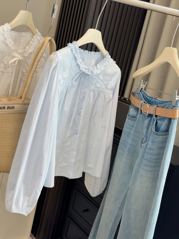 Bluza u kardigan stilu, casual, kružni ovratnik, dugi rukavi, pamučna tkanina, vezenje s patchworkom