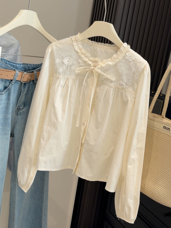 Bluza u kardigan stilu, casual, kružni ovratnik, dugi rukavi, pamučna tkanina, vezenje s patchworkom