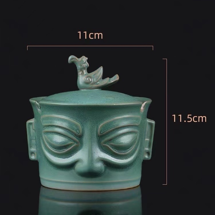 Hamutál fedéllel, kerámia, Sanxingdui bronzmaszk design, Yuxitang márka