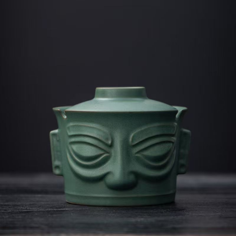 Hamutál fedéllel, kerámia, Sanxingdui bronzmaszk design, Yuxitang márka