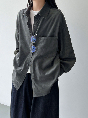 Cămașă din corduroy de bumbac cu guler, mâneci lungi, croială lejeră — stil coreean relaxat