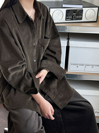 Cămașă din corduroy de bumbac cu guler, mâneci lungi, croială lejeră — stil coreean relaxat