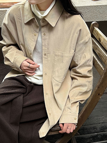 Cămașă din corduroy de bumbac cu guler, mâneci lungi, croială lejeră — stil coreean relaxat