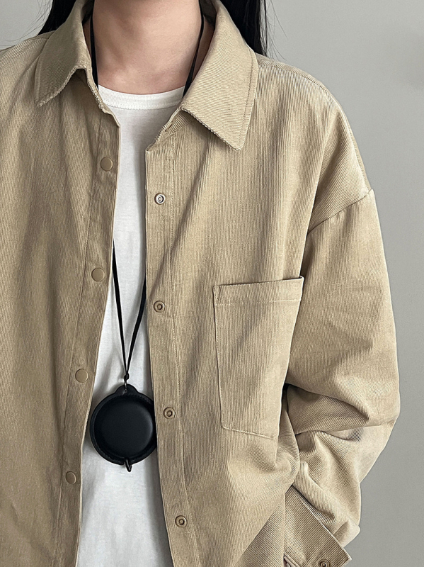 Cămașă din corduroy de bumbac cu guler, mâneci lungi, croială lejeră — stil coreean relaxat