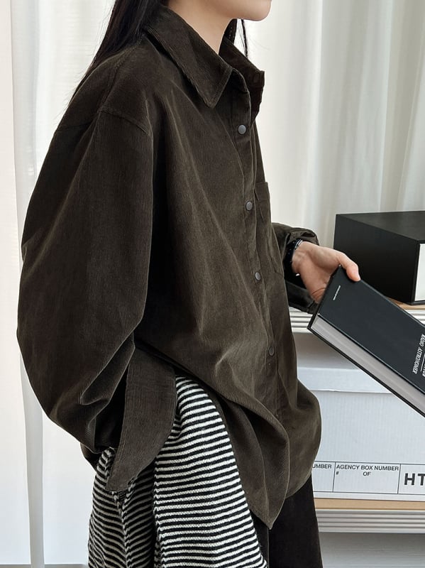 Cămașă din corduroy de bumbac cu guler, mâneci lungi, croială lejeră — stil coreean relaxat