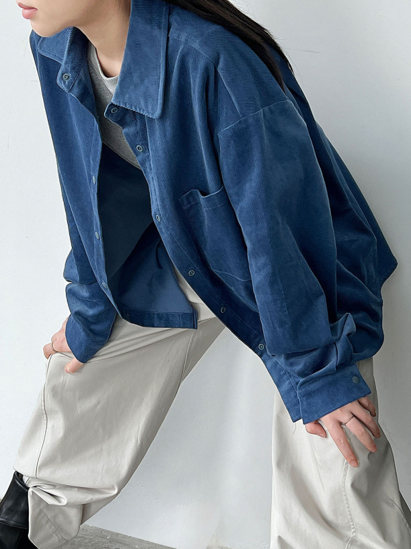 Cămașă din corduroy de bumbac cu guler, mâneci lungi, croială lejeră — stil coreean relaxat