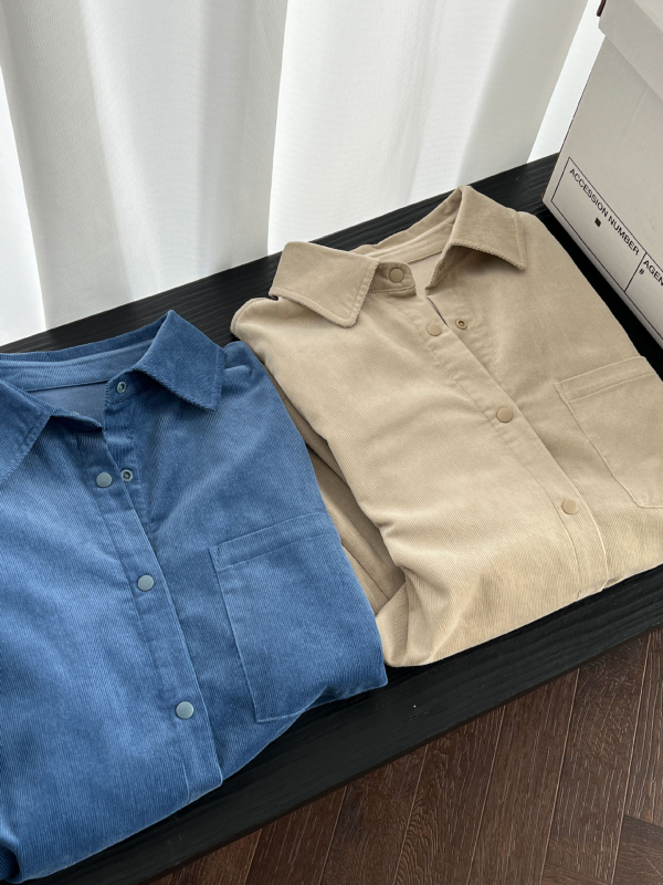 Cămașă din corduroy de bumbac cu guler, mâneci lungi, croială lejeră — stil coreean relaxat