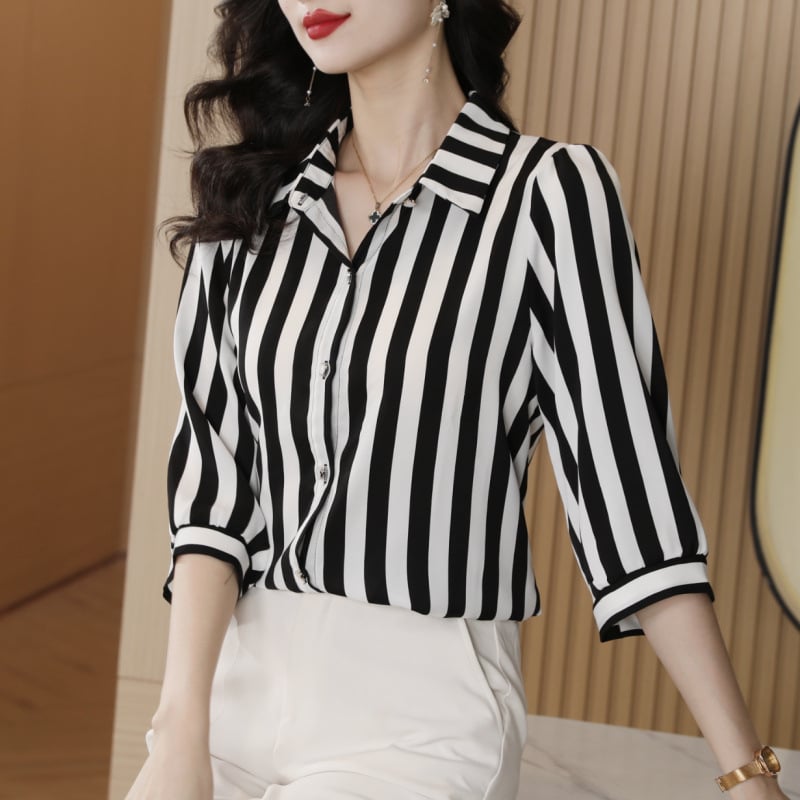 Košulja od satena, mješavina vinilon/poliester, 3/4 rukava, polo ovratnik