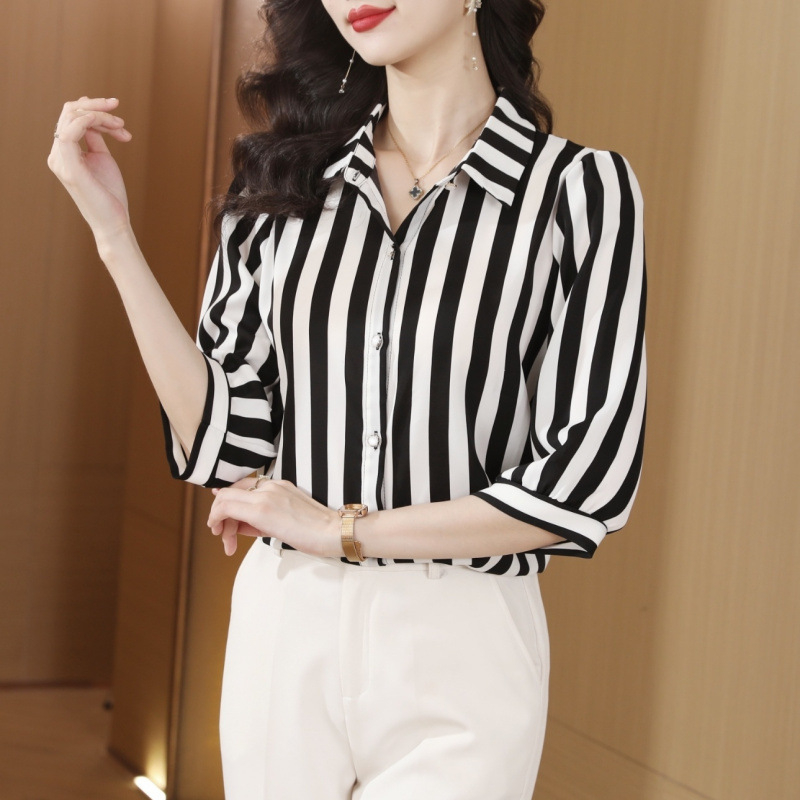 Košulja od satena, mješavina vinilon/poliester, 3/4 rukava, polo ovratnik