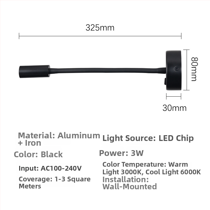 LED zidna lampa s fleksibilnim vratom i zakrivljenom cijevi – 3W, aluminijsko tijelo, 220V