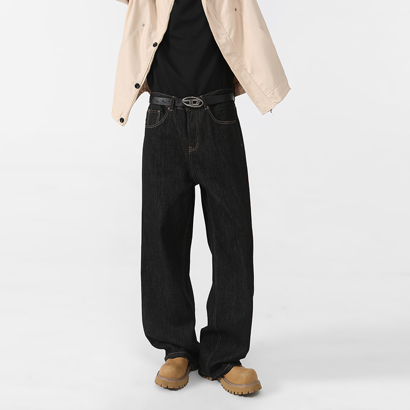 Zimske muške hlače od raw denim u američkom stilu, fleece podstava, debele, slobodan ravni kroj, ekstra dugačak 115 cm do poda