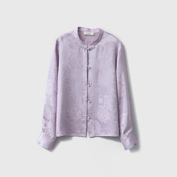 Ženska bluza od 100% svile Mulberry s jacquardom, stojeći ovratnik, dugi rukavi, jednostruki gumbasti zatvarač