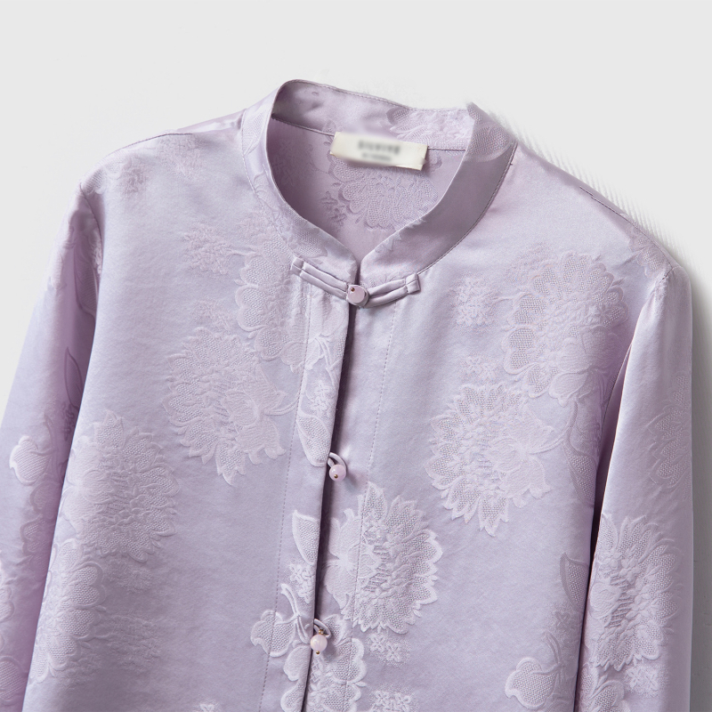 Ženska bluza od 100% svile Mulberry s jacquardom, stojeći ovratnik, dugi rukavi, jednostruki gumbasti zatvarač