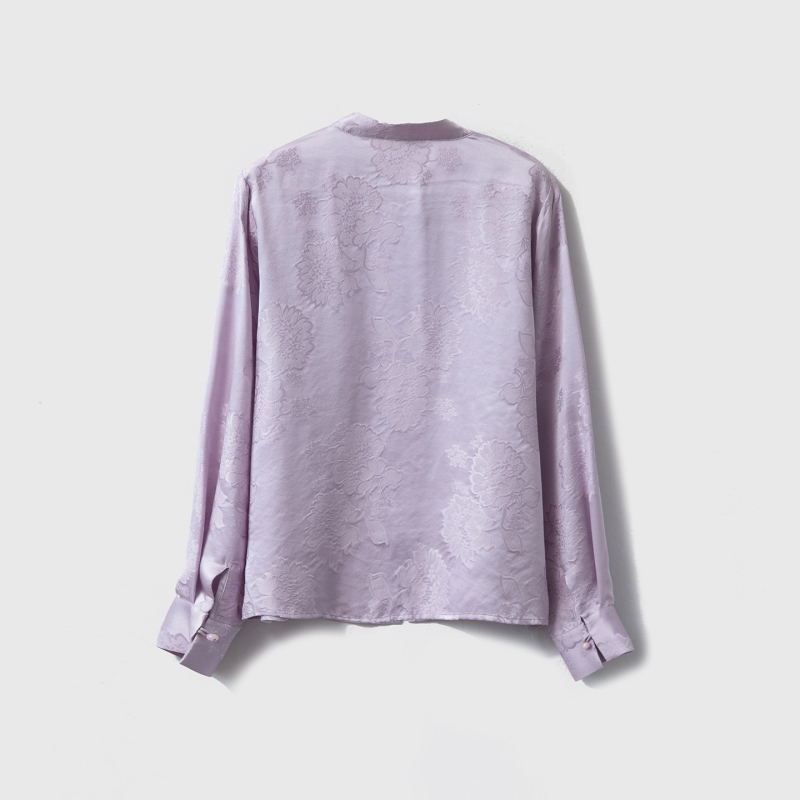 Ženska bluza od 100% svile Mulberry s jacquardom, stojeći ovratnik, dugi rukavi, jednostruki gumbasti zatvarač