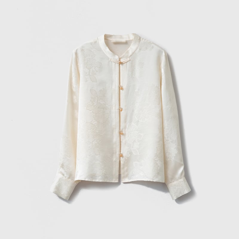 Ženska bluza od 100% svile Mulberry s jacquardom, stojeći ovratnik, dugi rukavi, jednostruki gumbasti zatvarač