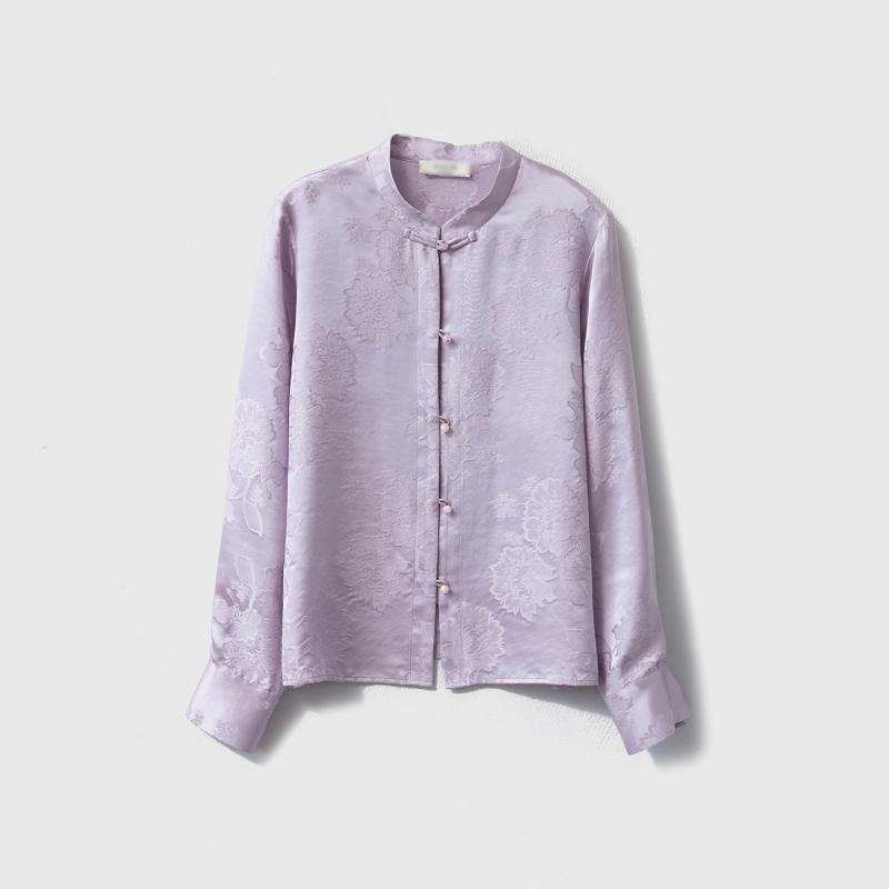 Ženska bluza od 100% svile Mulberry s jacquardom, stojeći ovratnik, dugi rukavi, jednostruki gumbasti zatvarač