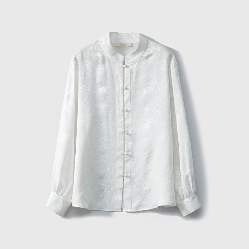 Ženska bluza od 100% svile Mulberry s jacquardom, stojeći ovratnik, dugi rukavi, jednostruki gumbasti zatvarač