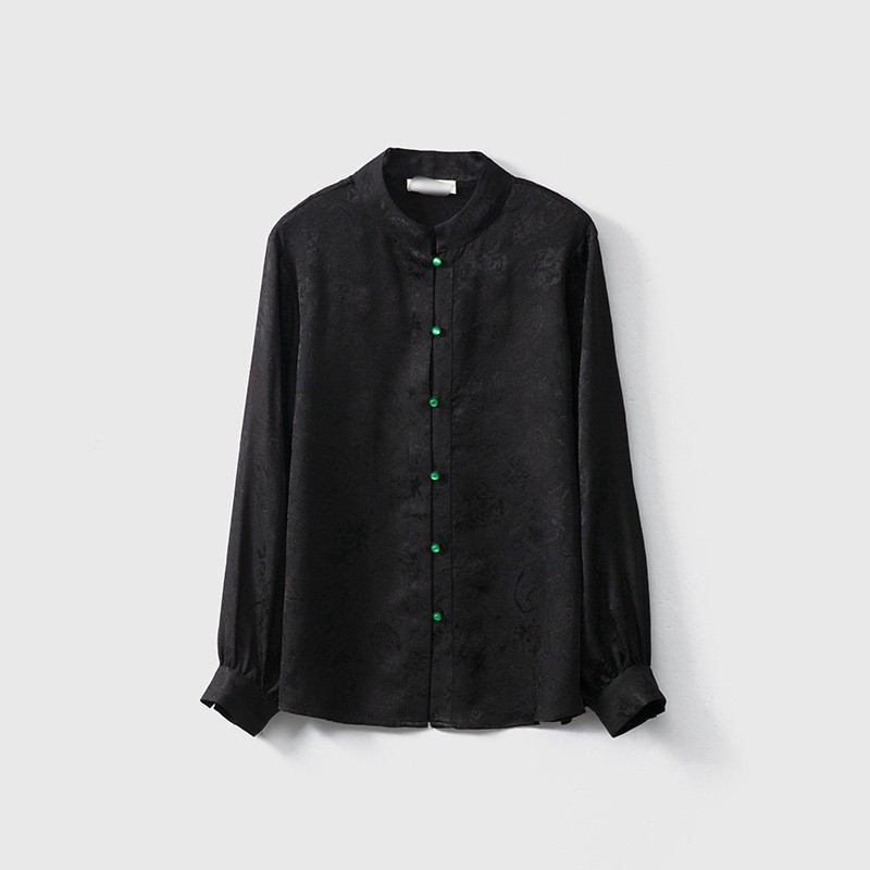 Ženska bluza od 100% svile Mulberry s jacquardom, stojeći ovratnik, dugi rukavi, jednostruki gumbasti zatvarač
