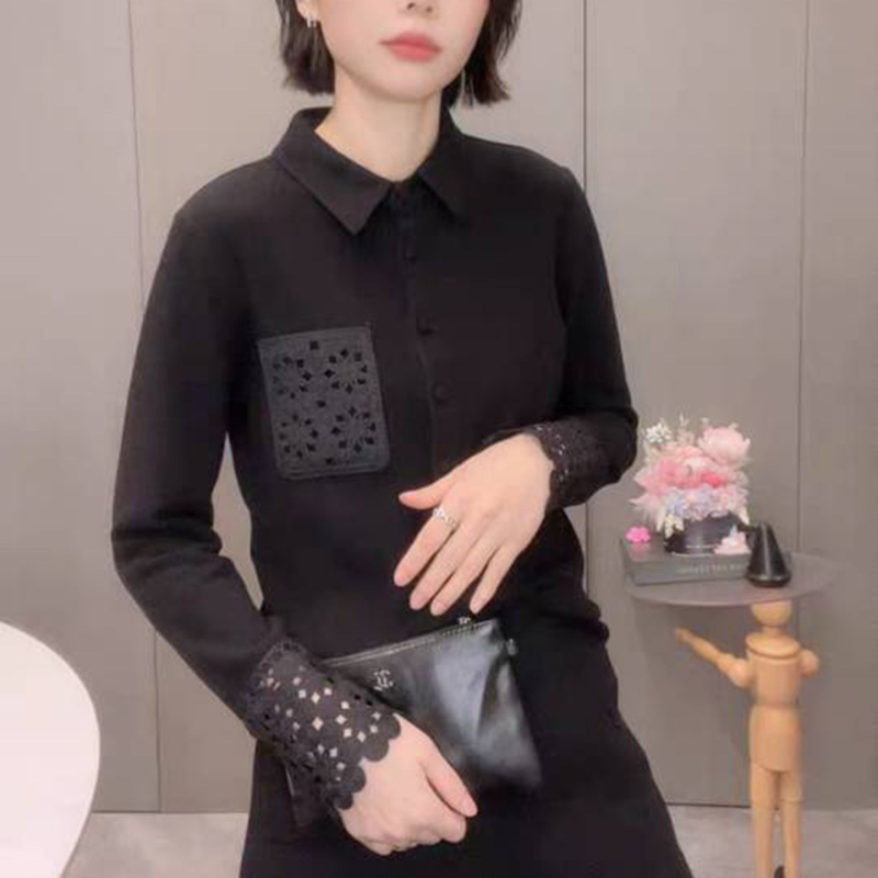 Ženska cardigan-bluza s crochet čipkom, ovratnik s reverom, satenski materijal s 30–50% elastanom, slobodan kroj, dugi rukavi