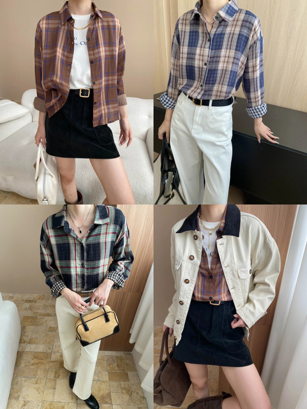 Košula u stilu kardigana s kariranim uzorkom, ovratnik lapel, slobodan kroj, dugi rukav, mješavina pamuka i poliestera 70–80% pamuka, do 30% poliestera