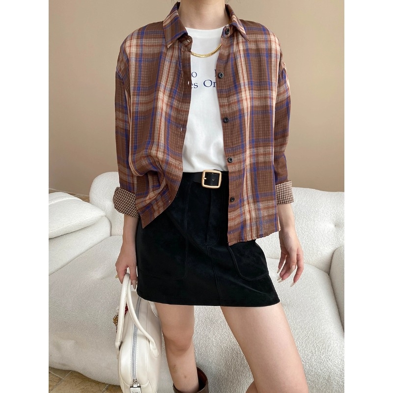 Košula u stilu kardigana s kariranim uzorkom, ovratnik lapel, slobodan kroj, dugi rukav, mješavina pamuka i poliestera 70–80% pamuka, do 30% poliestera
