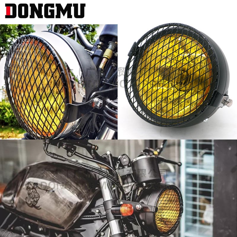 Vintage prednje svjetlo za motocikl s kružnim nagibnim mrežastim poklopcem za GN125 — aluminijska legura, 12V, 55W, H2 žarulja, model DM-DD-049