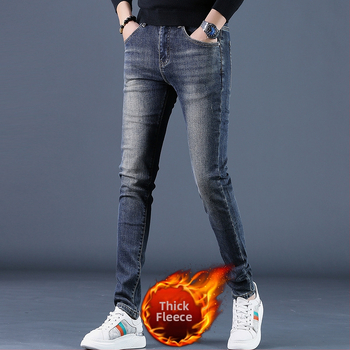 Muške traperice s fleec podstavom, slim-fit kroj, uski kroj, srednji pojas, mikroelastičnost