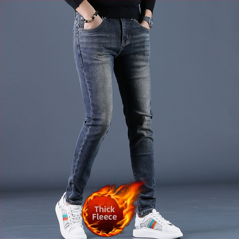 Muške traperice s fleec podstavom, slim-fit kroj, uski kroj, srednji pojas, mikroelastičnost