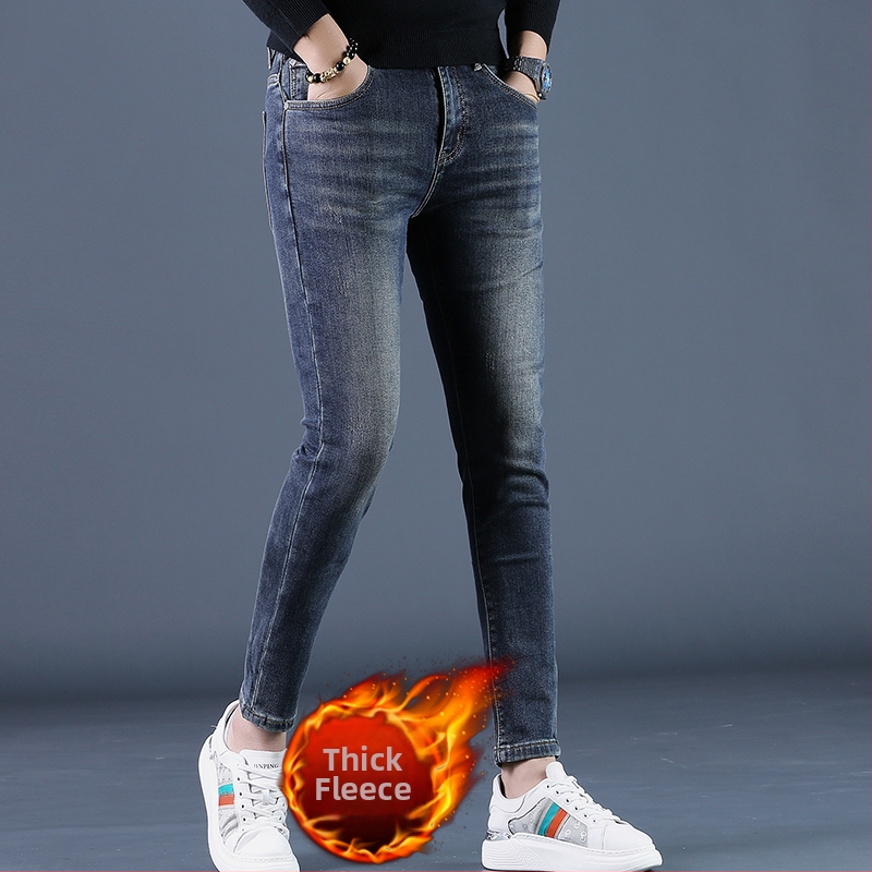 Muške traperice s fleec podstavom, slim-fit kroj, uski kroj, srednji pojas, mikroelastičnost