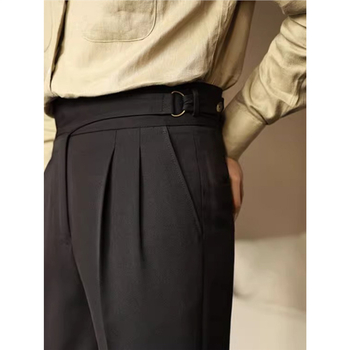 Мъжки панталони с висока талия и прав крак, еластична полиестерна смес, копче за закопчаване, без гладене