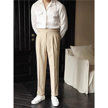 Мъжки панталони с висока талия и прав крак, еластична полиестерна смес, копче за закопчаване, без гладене