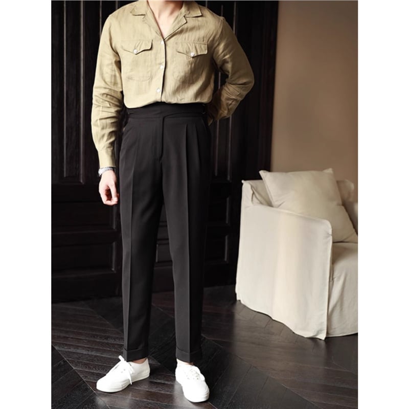 Мъжки панталони с висока талия и прав крак, еластична полиестерна смес, копче за закопчаване, без гладене