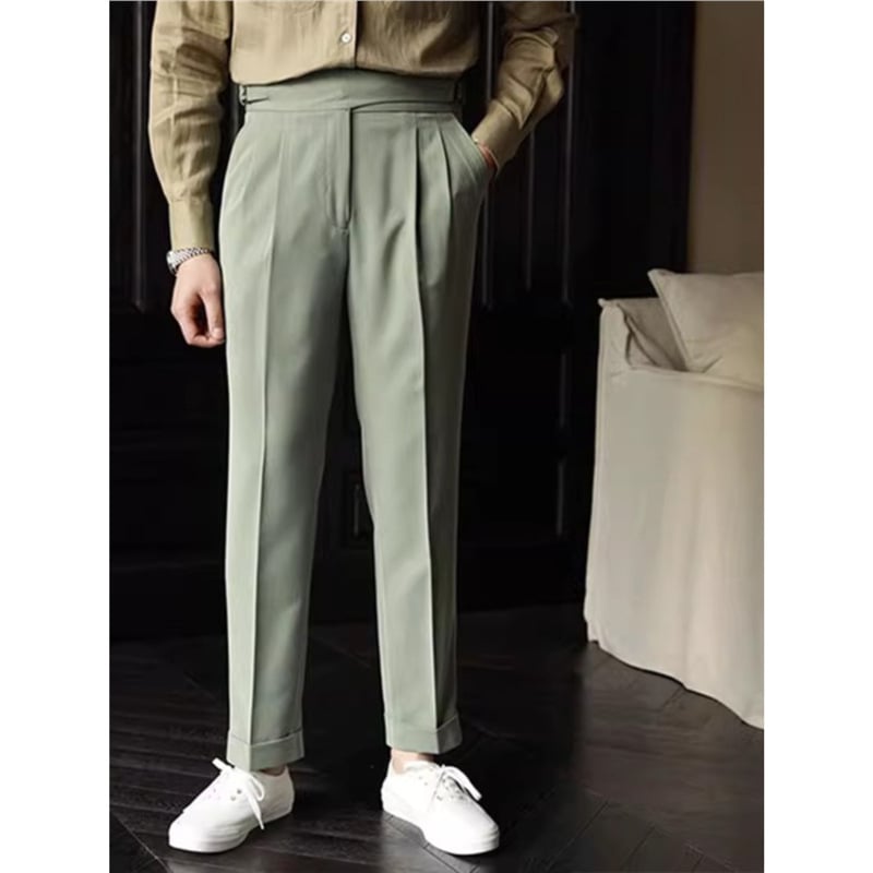 Мъжки панталони с висока талия и прав крак, еластична полиестерна смес, копче за закопчаване, без гладене