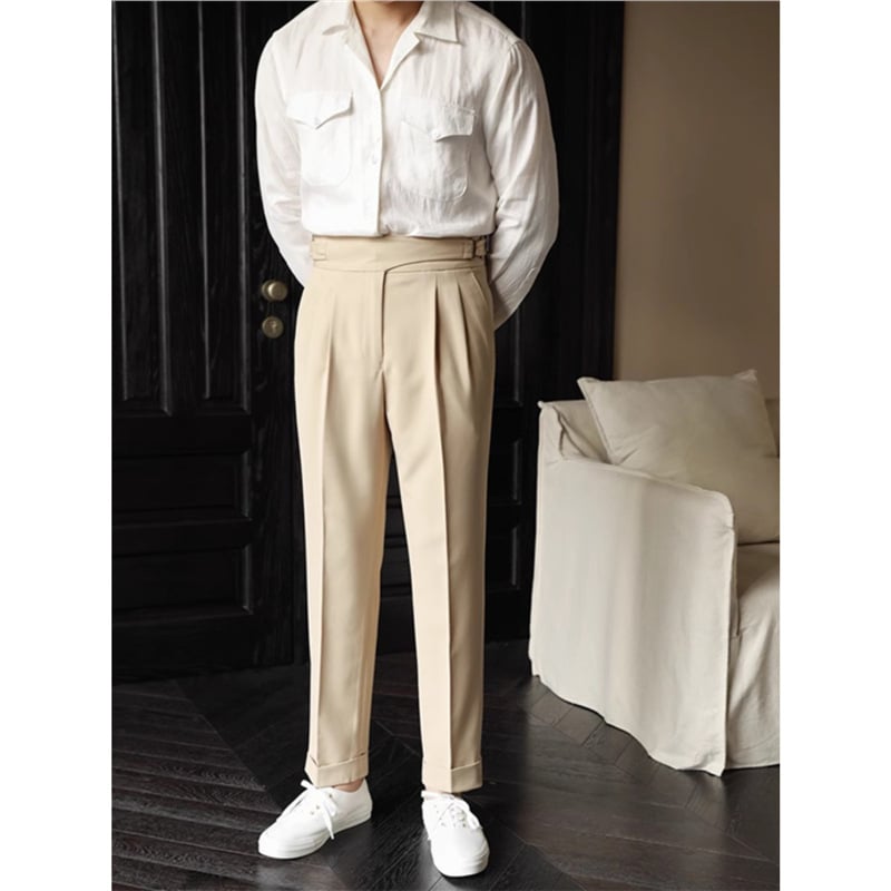 Мъжки панталони с висока талия и прав крак, еластична полиестерна смес, копче за закопчаване, без гладене