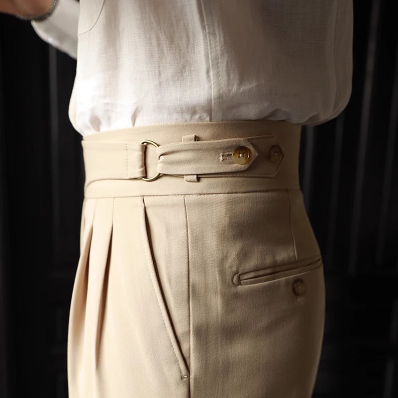 Мъжки панталони с висока талия и прав крак, еластична полиестерна смес, копче за закопчаване, без гладене