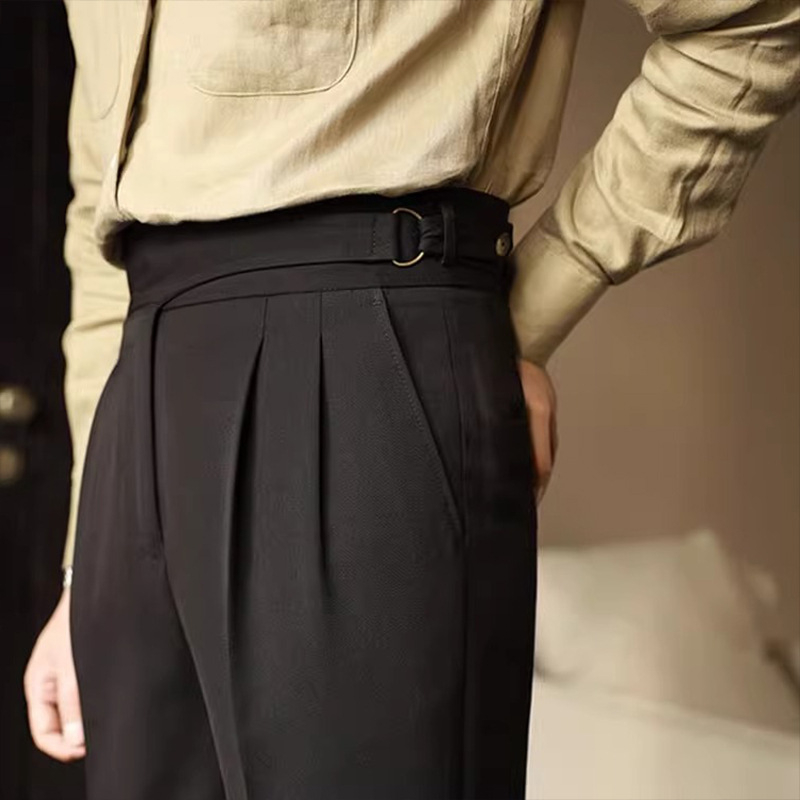 Мъжки панталони с висока талия и прав крак, еластична полиестерна смес, копче за закопчаване, без гладене