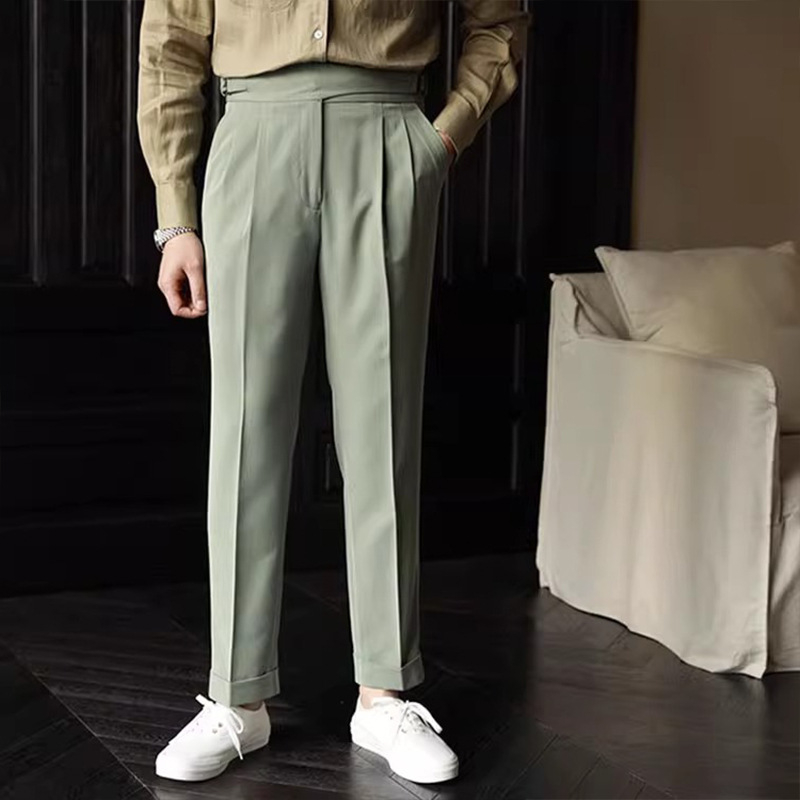 Мъжки панталони с висока талия и прав крак, еластична полиестерна смес, копче за закопчаване, без гладене
