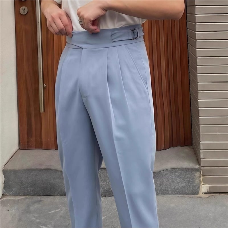 Мъжки панталони с висока талия и прав крак, еластична полиестерна смес, копче за закопчаване, без гладене