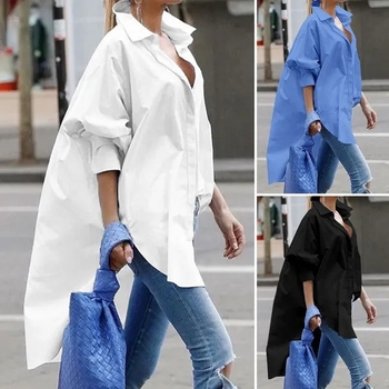 Полиестерова риза с еластан, ръкав фенер, лафелна яка, дълга кройка 80–100 см, текстура на намачкване