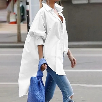 Полиестерова риза с еластан, ръкав фенер, лафелна яка, дълга кройка 80–100 см, текстура на намачкване